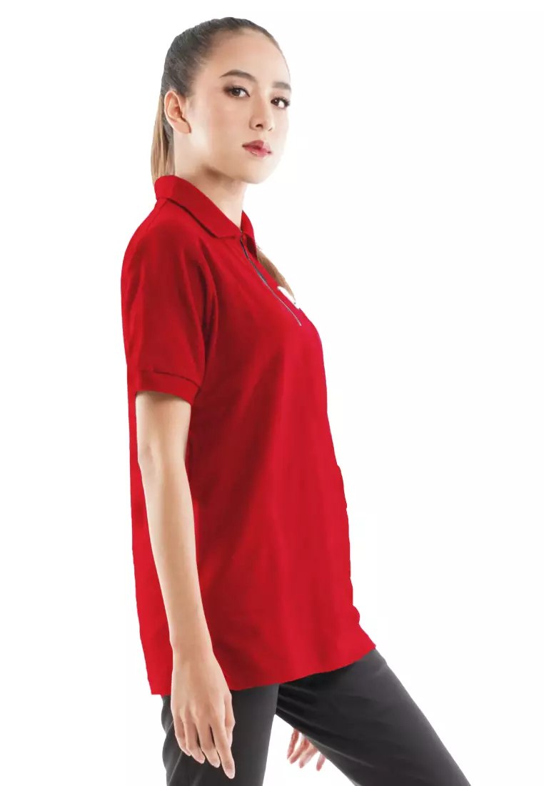 Tiento Women Polo Shirt True Basic HDC Red Baju Tenis Kaos Kerah Resleting Lengan Pendek Pakaian Wanita
