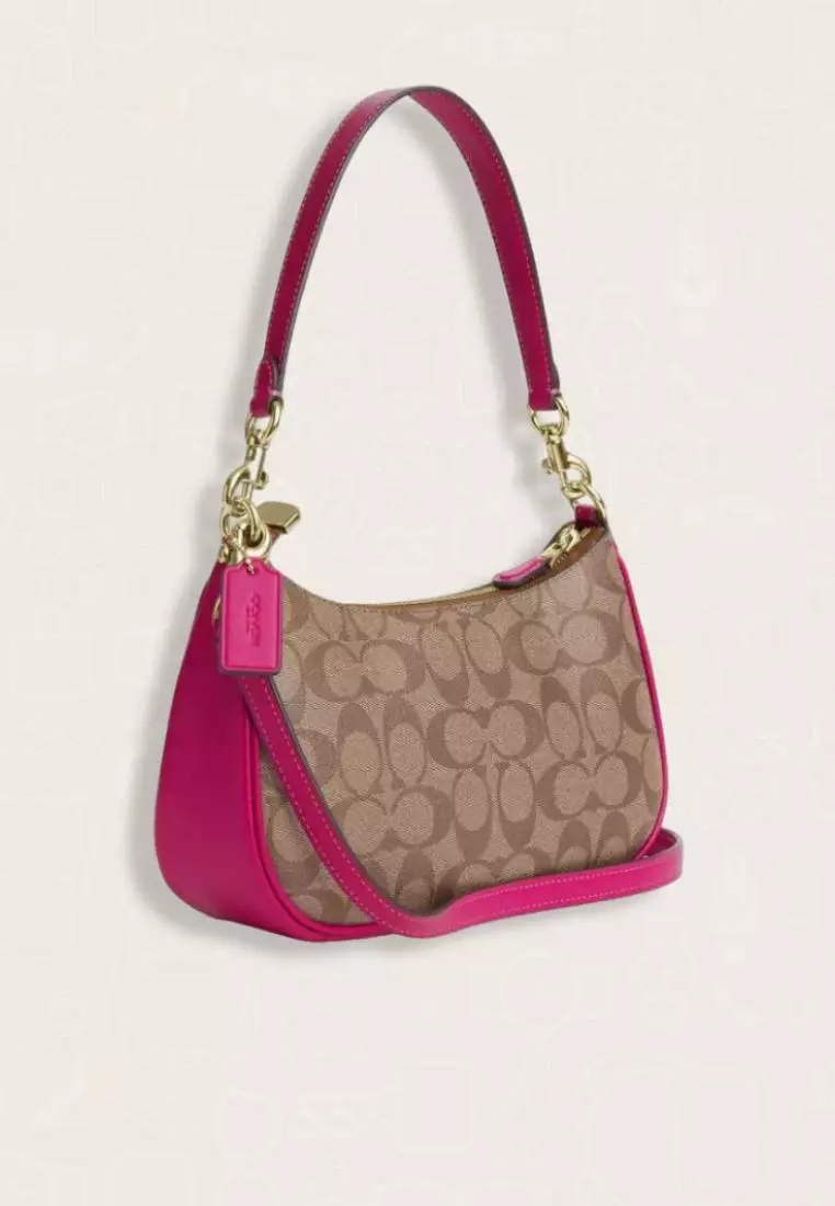 Coach Teri Shoulder Bag In Signature Canvas Khaki Cerise