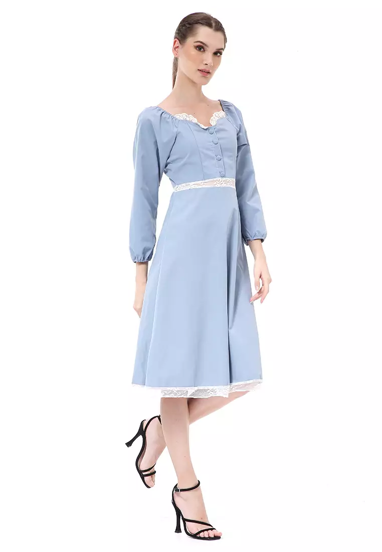 Rachel Dress Retro Vintage Wanita Long Sleeve Simple Elegan Material Cotton ORIGINAL - Sky Blue