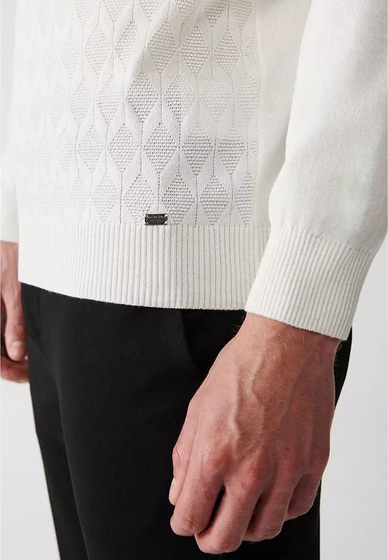 Men's Ecru Turtleneck Cotton Patterned Knitwear Sweater A32Y5198