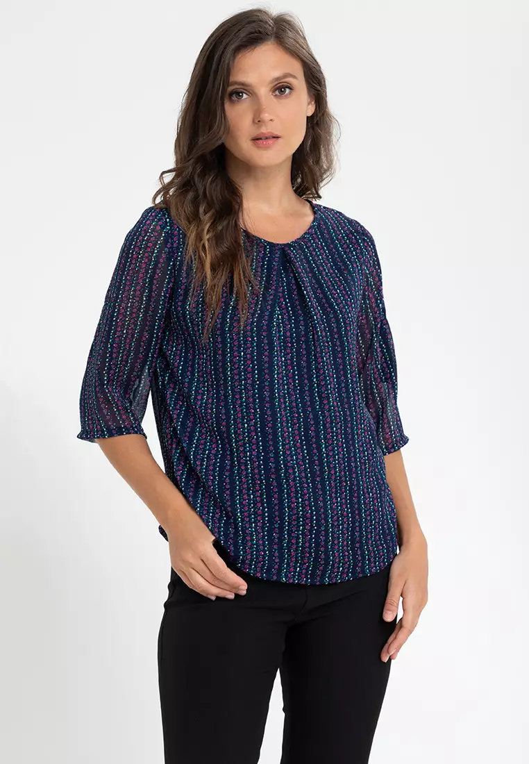 button up pleated printed three quarter sleeve blouse