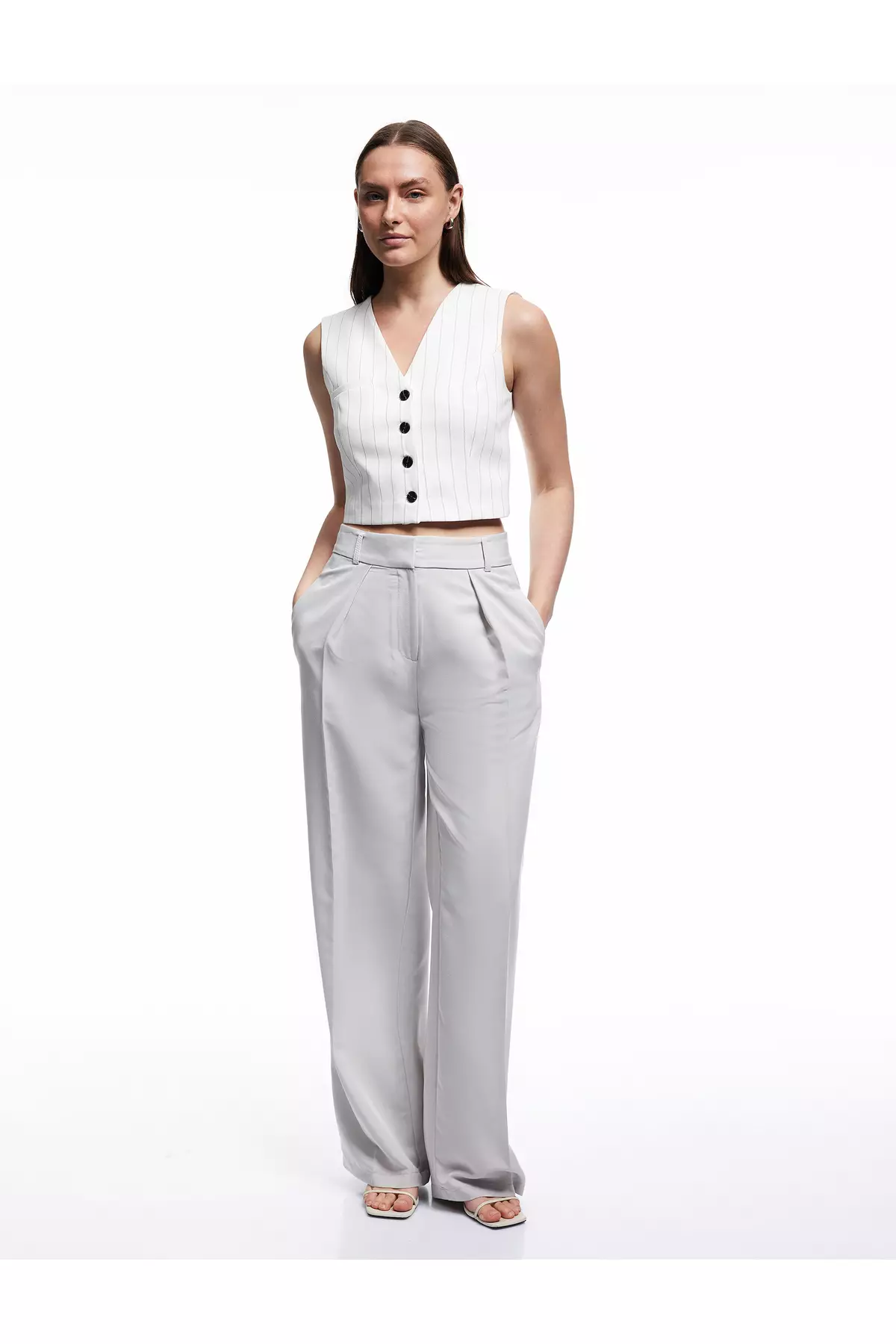 Modal Fabric Blend Pleated Detailed Pocketed High Waist Wide Leg Palazzo Trousers