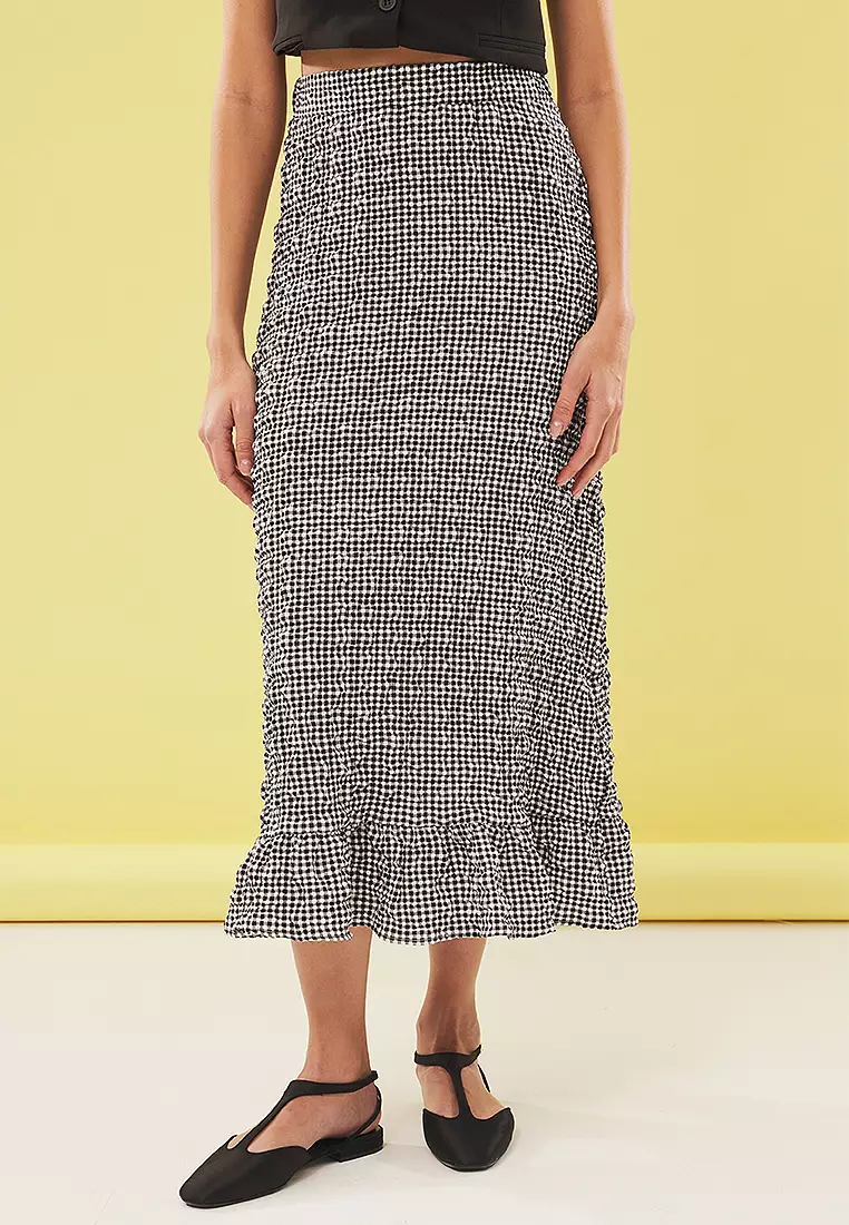 Black Seersucker Fabric Gingham Pattern Maxi Length Woven Skirt