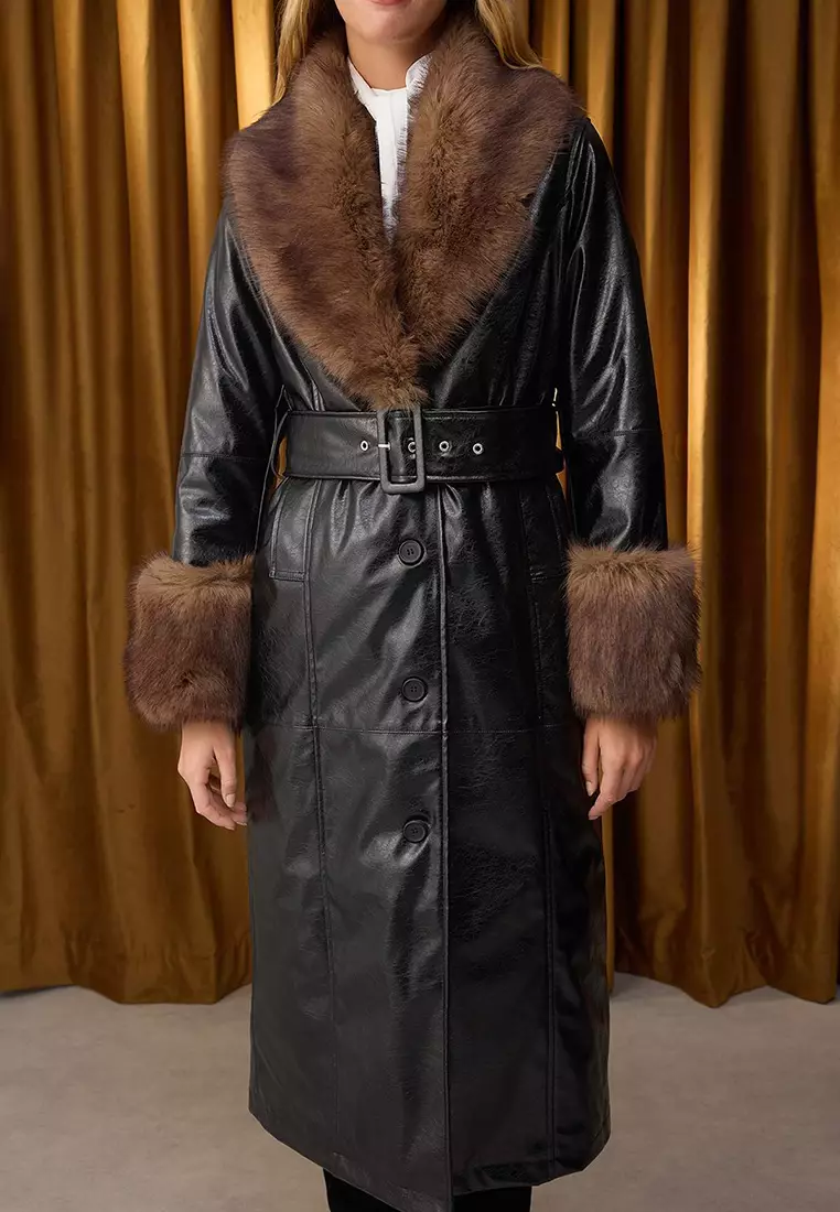Special Collection Black Faux Leather Fur Detailed Mono Closure Oversize Long Coat
