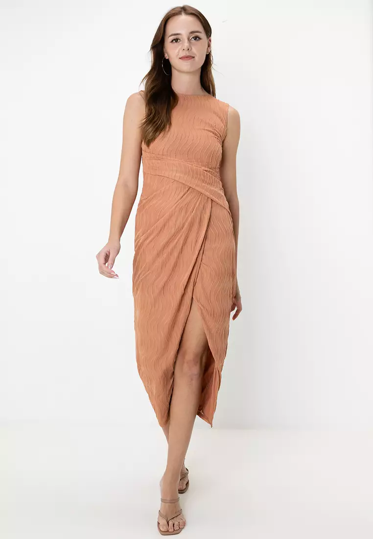 High Neck Textured Midi Pencil Dress