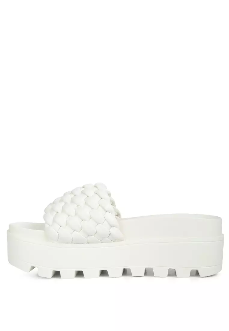 Platform Slides with Woven Textured Straps in White