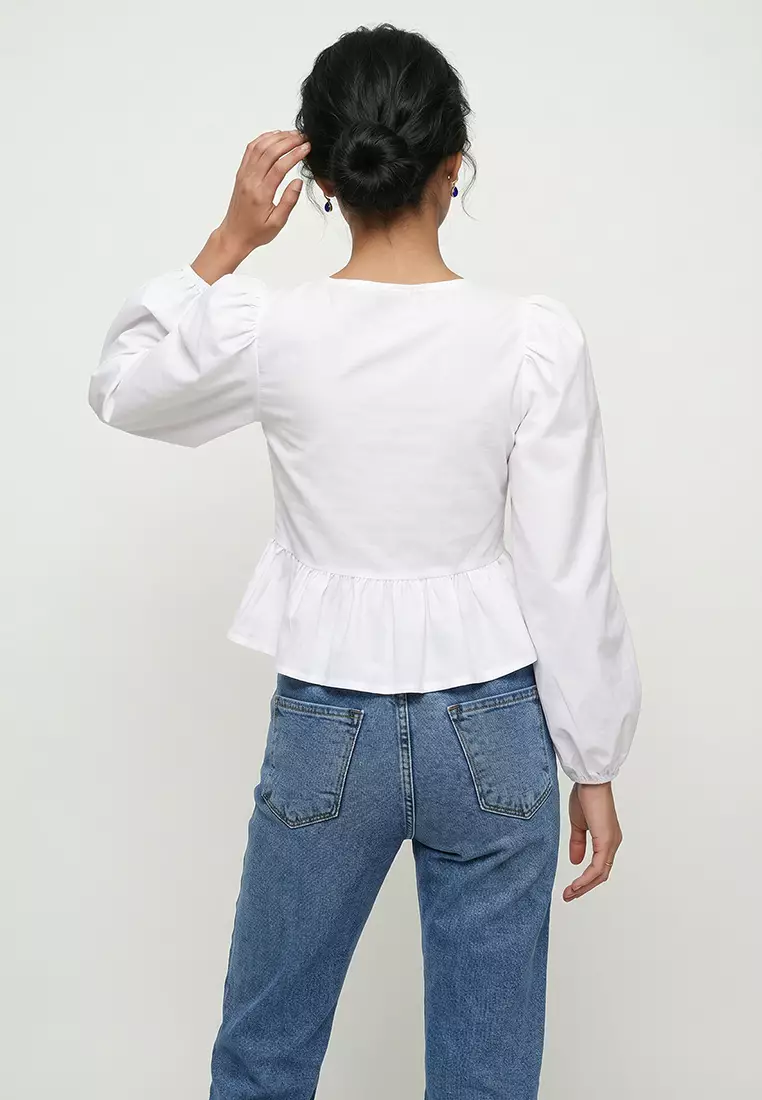 Women's White Crew Neck Bow Tie Princess Sleeve Poplin Blouse
