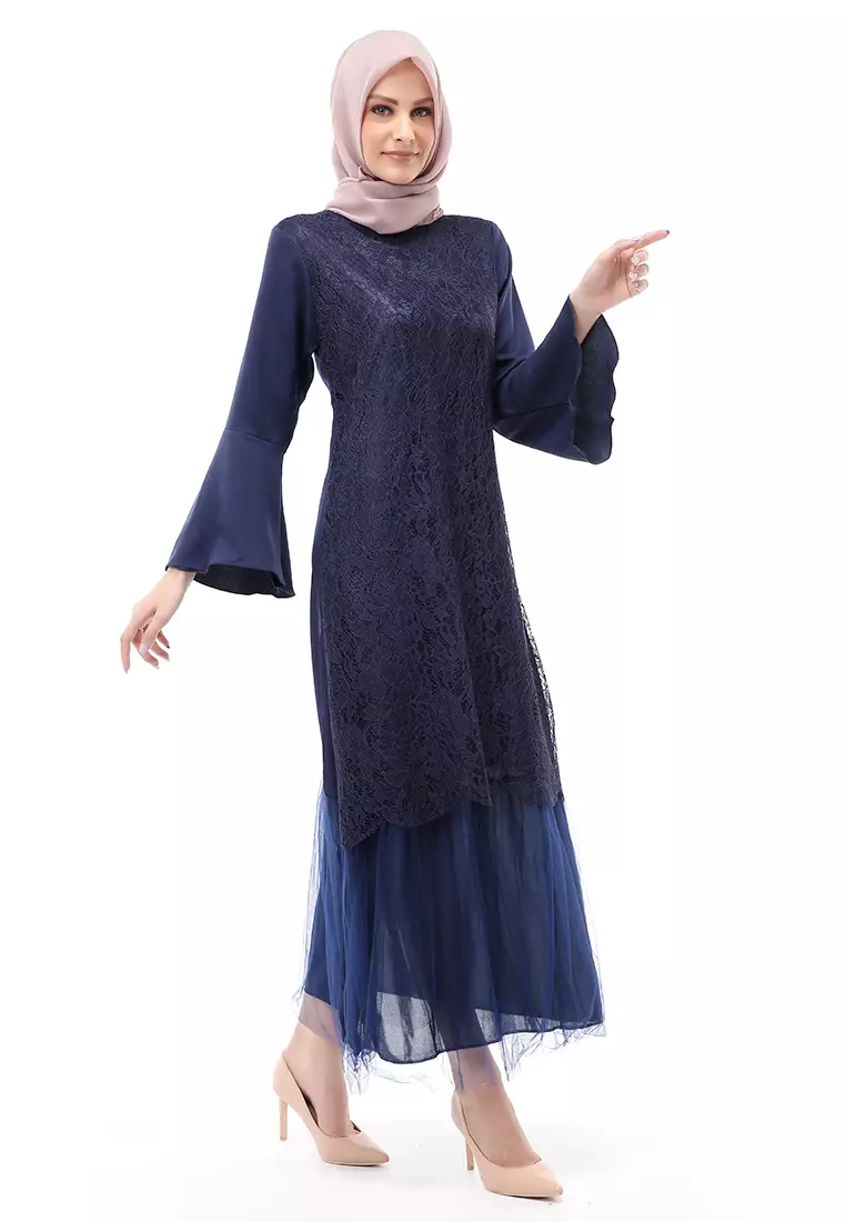 Regita Gamis Brukat Muslimah Wanita Long Dress Regular Fit - Navy