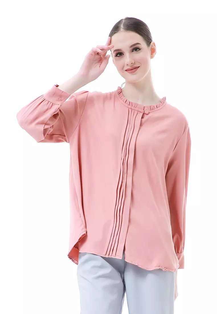 Vionka Kemeja Atasan Wanita Opnaisel Motif Polos - Peach
