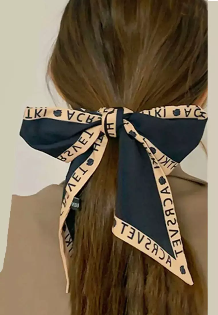 Aksesoris Wanita Text Border Twilly Skinny Multi purpose Scarf Wanita Black & Beige