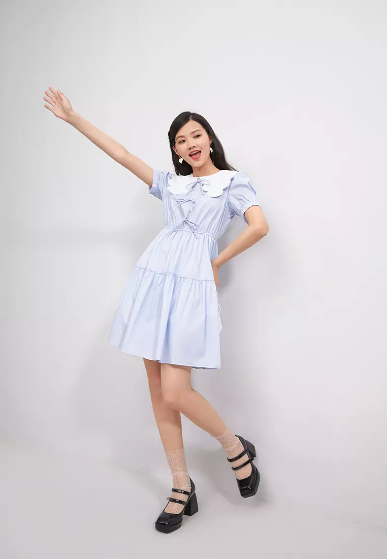 Contast Collar Tiered Mini Dress