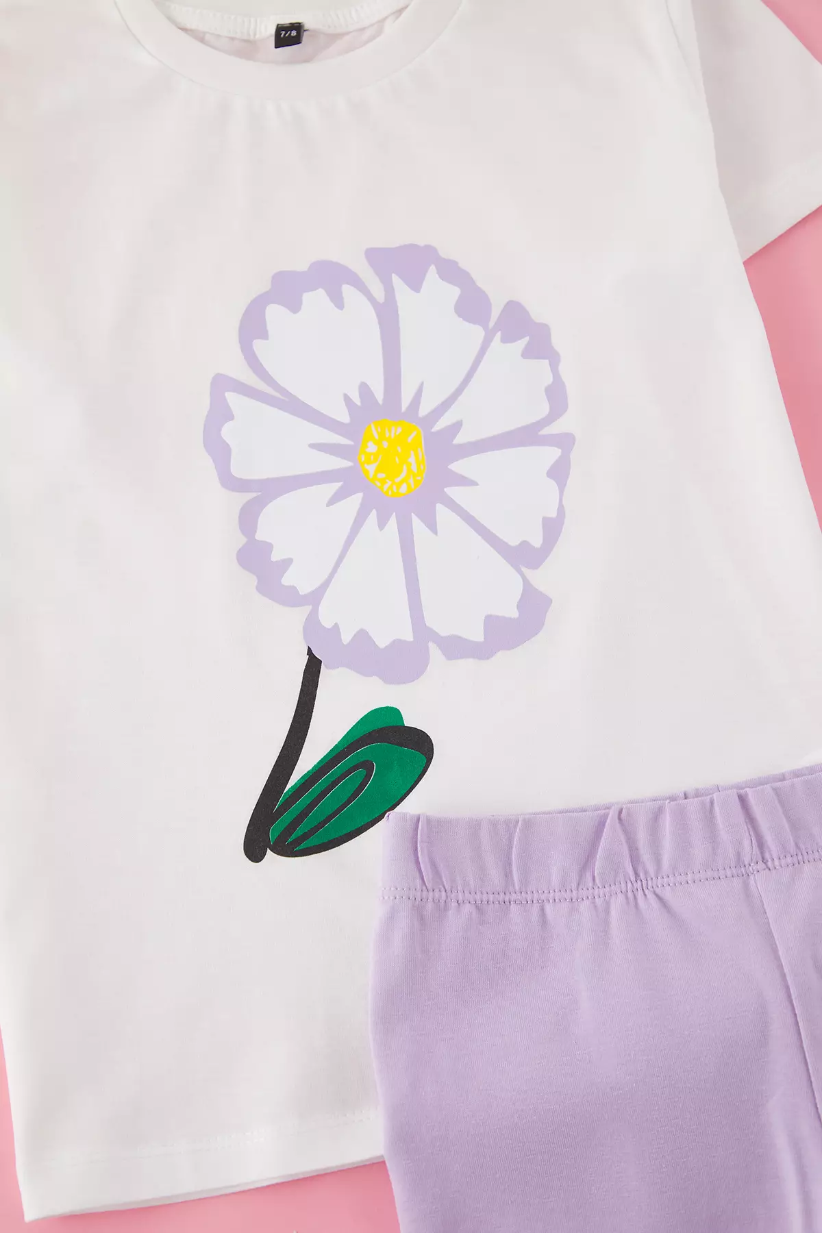 Ecru Female Child 100% Cotton Floral Short-Sleeve Short Tights Knitted Top-Bottom Set Tkdss25Au00145