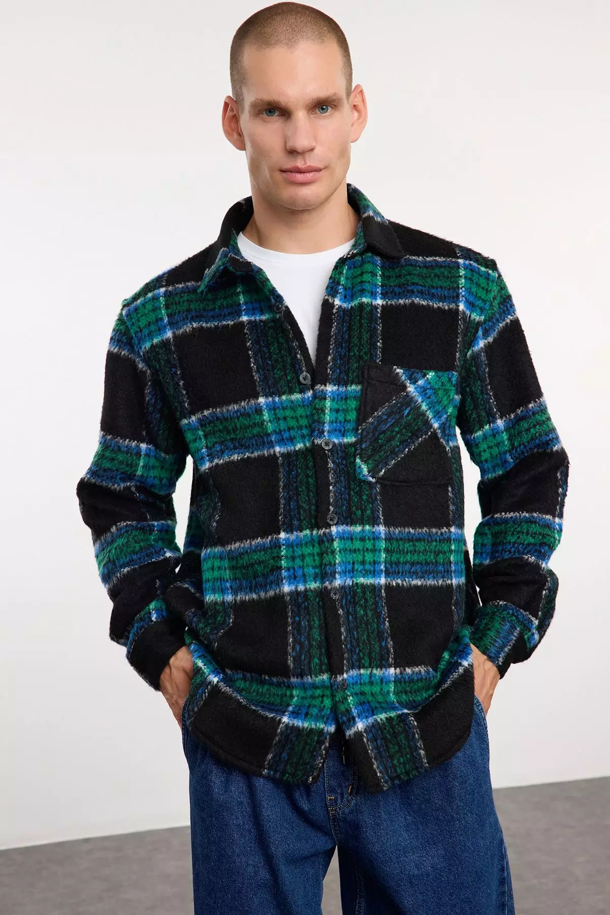 Black Unisex Oversize Fit Winter Plaid Lumberjack Shirt Jacket TMNAW25GO00024