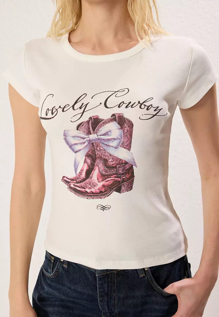 Ecru Cowboy Printed Fitted Knitted T-Shirt