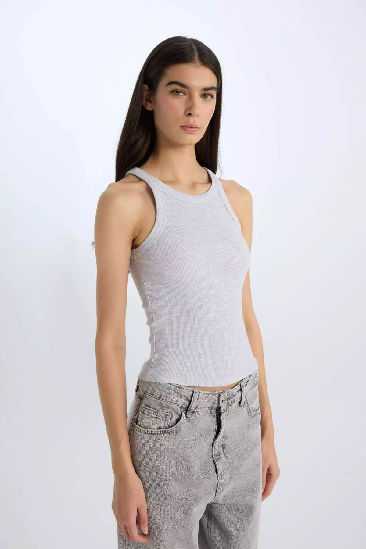 Slim Fit Slim-Fit Halter Neck Basic Plain Ribbed Camisole Undershirt E2176Ax25Sp