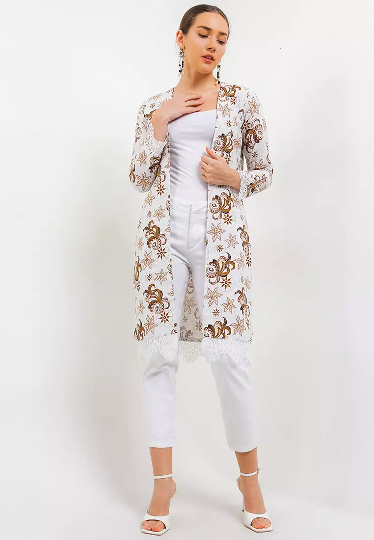 Cardigan Outer Atasan Batik Wanita Muslim Katun Premium Berfuring Ammara White