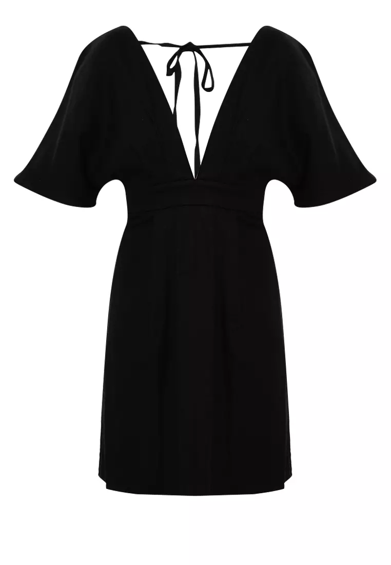 Buy Zalora Studios Linen Blend Plunge Neck Mini Dress Online | ZALORA ...