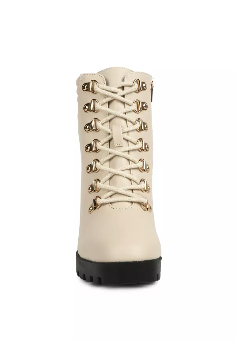 Beige Lace Up Block Heel Boots