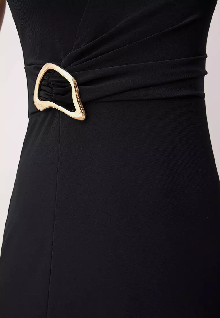 Black Body-Fitting Accessory Detailed Knitted Long Elegant Evening Night Graduation Dress Tprss25Ae00016