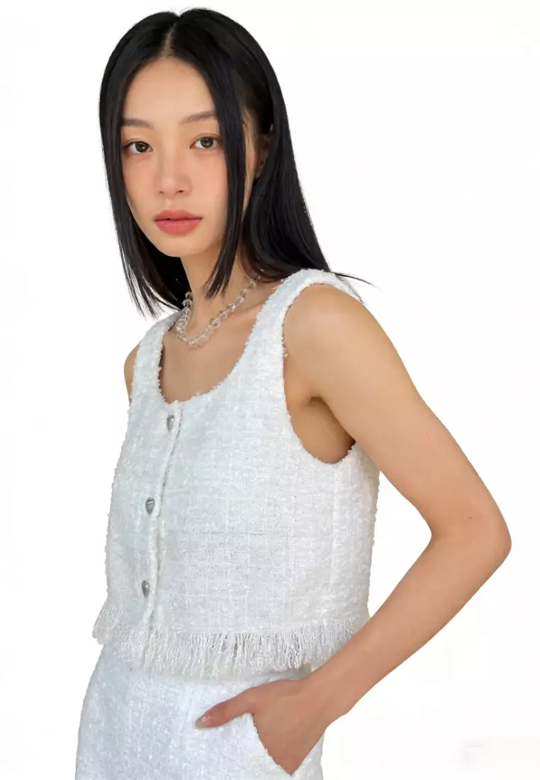 Square Neck Heart Button Fringe Crop Camis CA26031928W