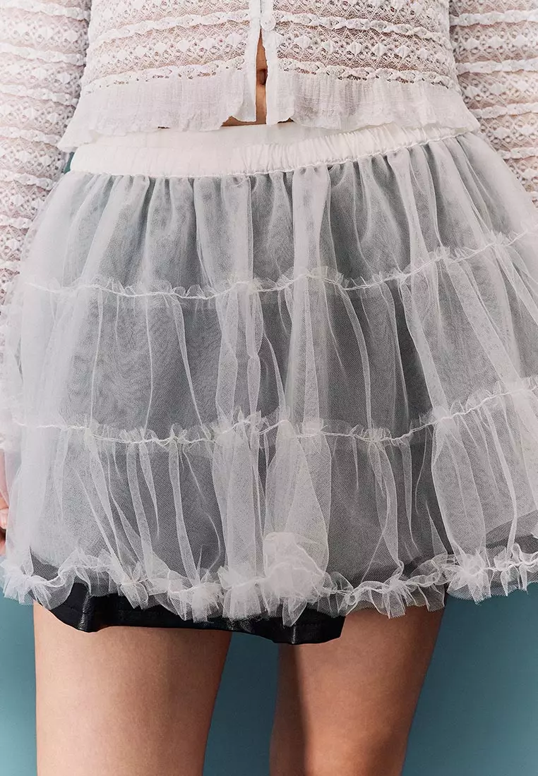 UR冬季新款女装芭蕾风透视网纱松紧腰短款半裙UYU540024