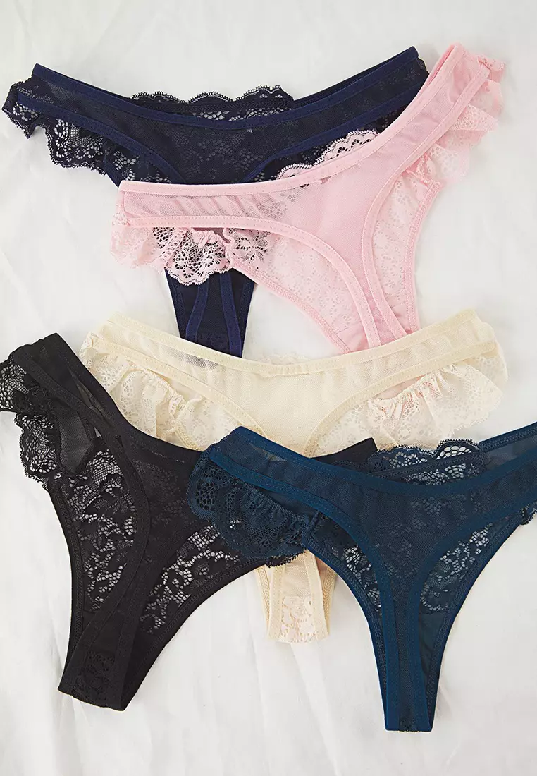 Blue-Multicolored 5-Pack Tulle Lace Detailed Thong Knitted Panties THMSS25KU00037