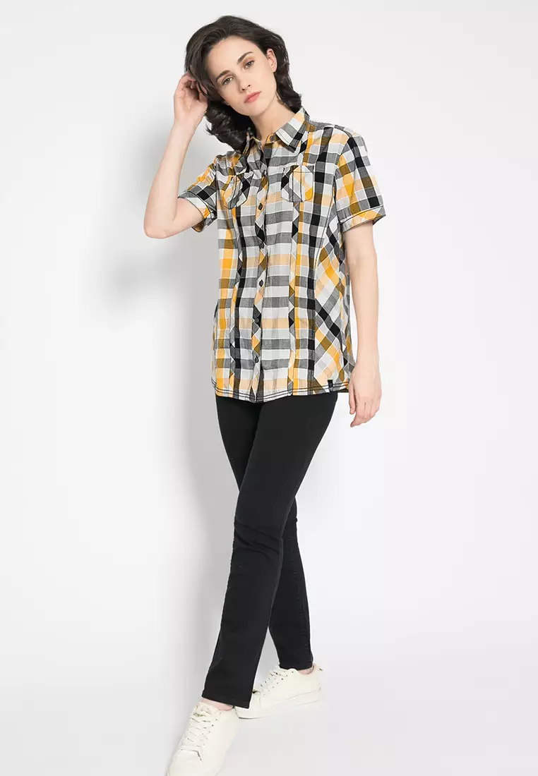 LGS - Regular Fit - Kemeja Wanita - Kuning/Putih/Hitam - Motif Kotak
