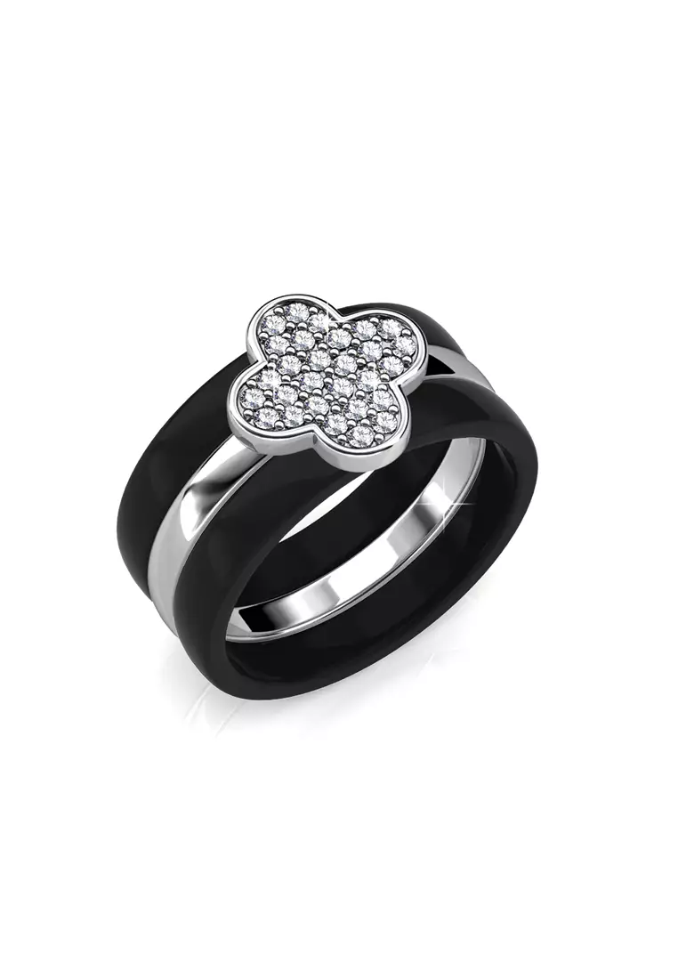 Clover Ceramic Ring Black - Cincin Crystal by Her Jewellery