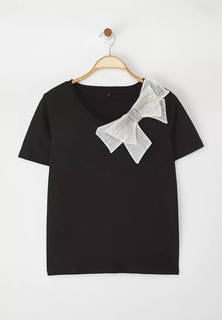 Black Bow Accessory Detail Oversize/Wide Pattern Knitted T-Shirt Twoss25Ts00044