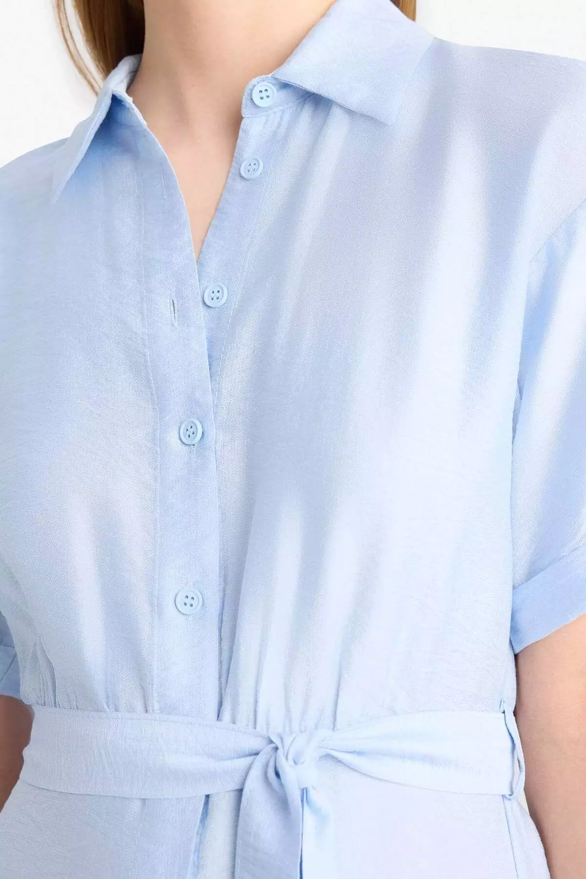 Shirt Collar Belted Short Sleeve Red Midi Summer Dress F2113Ax25Sm