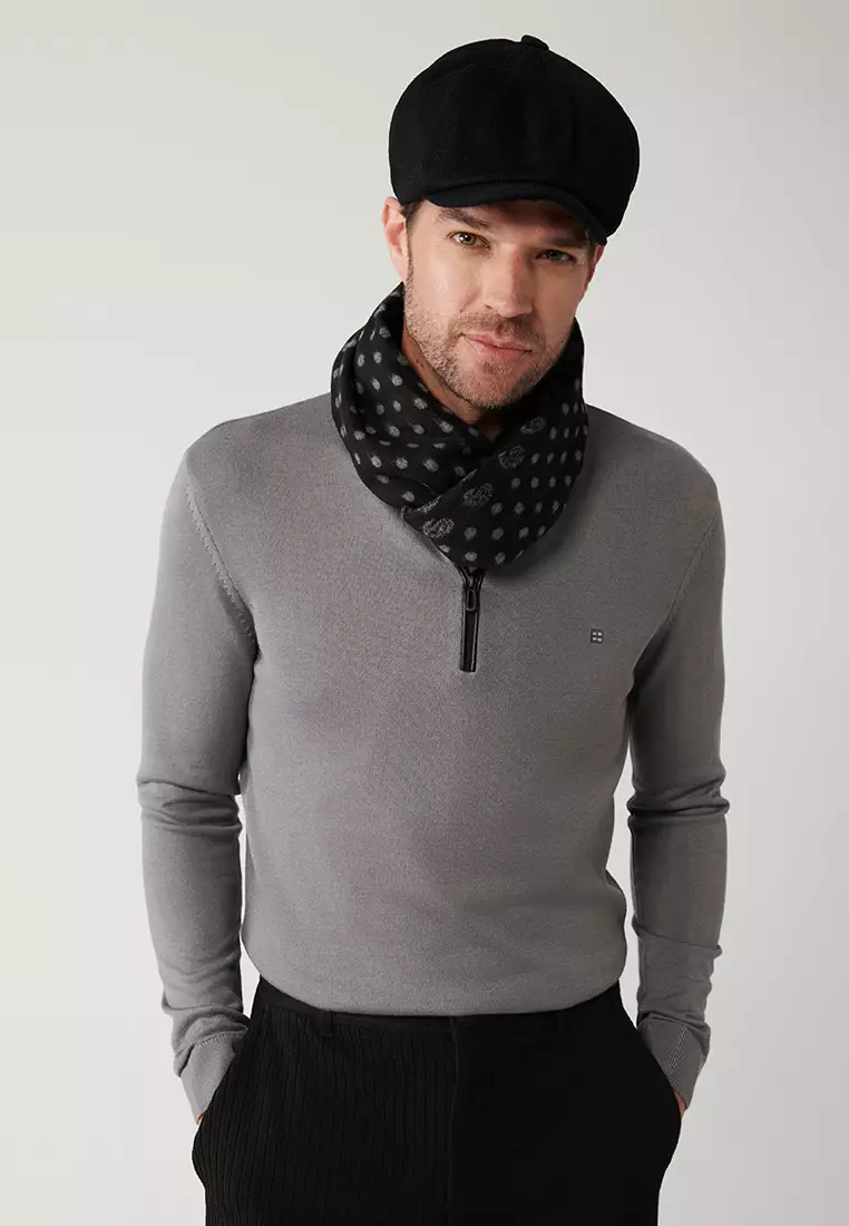 Men's Gray Stand Collar Leather Detailed Zippered Viscose Knitwear Sweater B005023