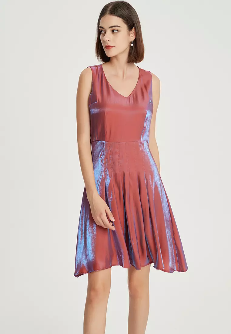 V-neck color-changing glazed satin one piece dress B22041204RD