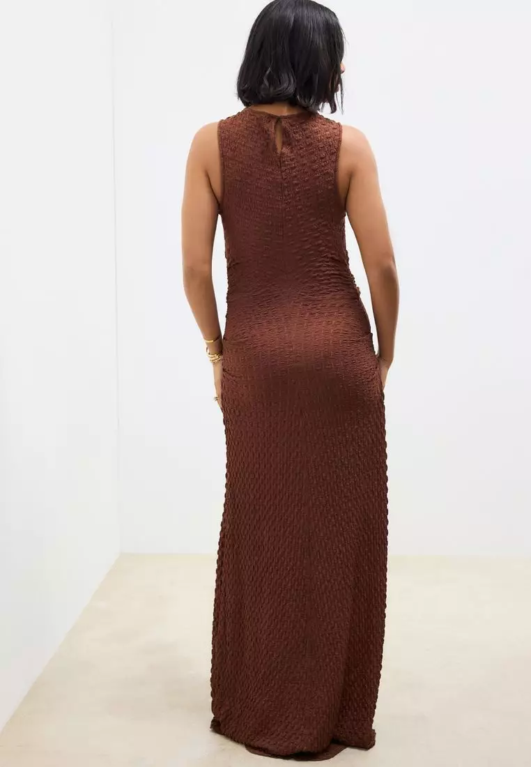 Sleeveless Textured Ruched Midi Dress