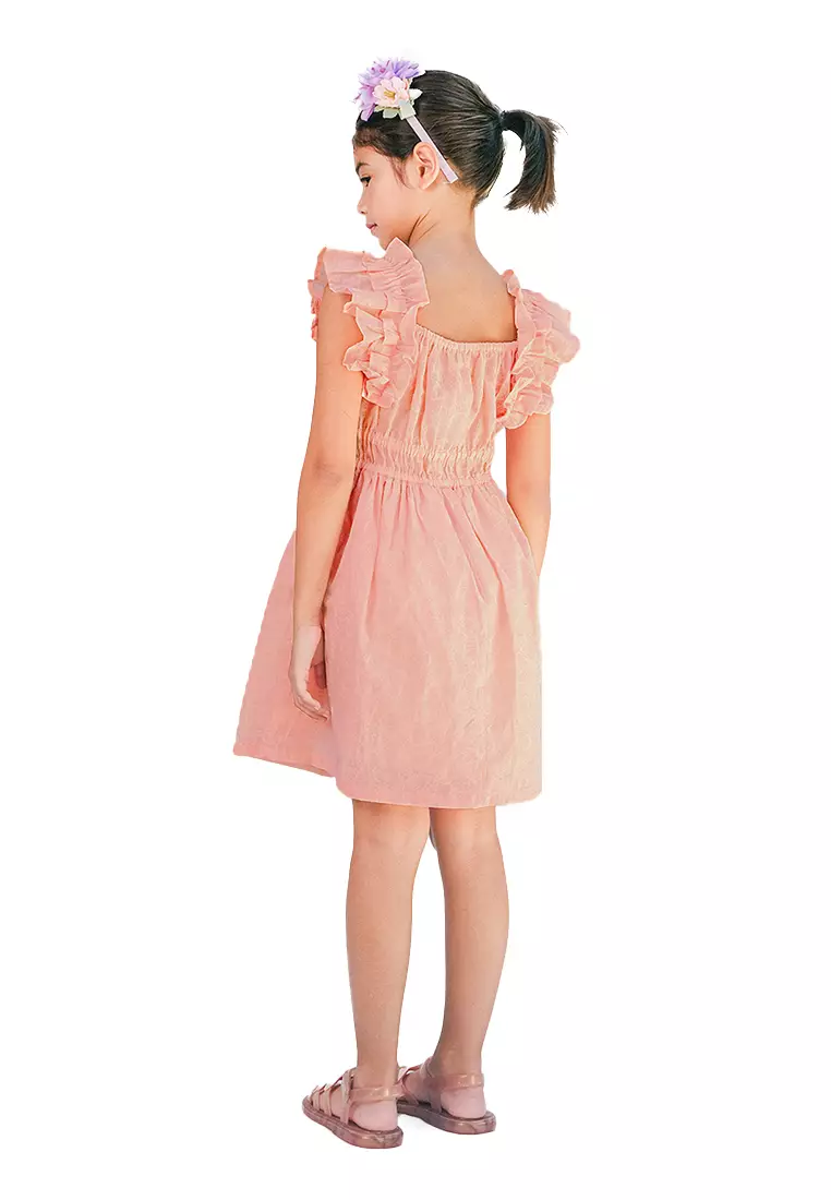 Yuno Floral Textured Smocked Waist Dress With Ruffle Sleeves
