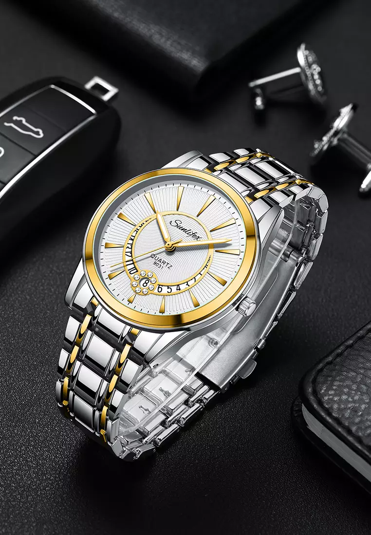 Jam Tangan Pria 9031 Original Luxury Stainless Steel Jam Tangan Cowok gold