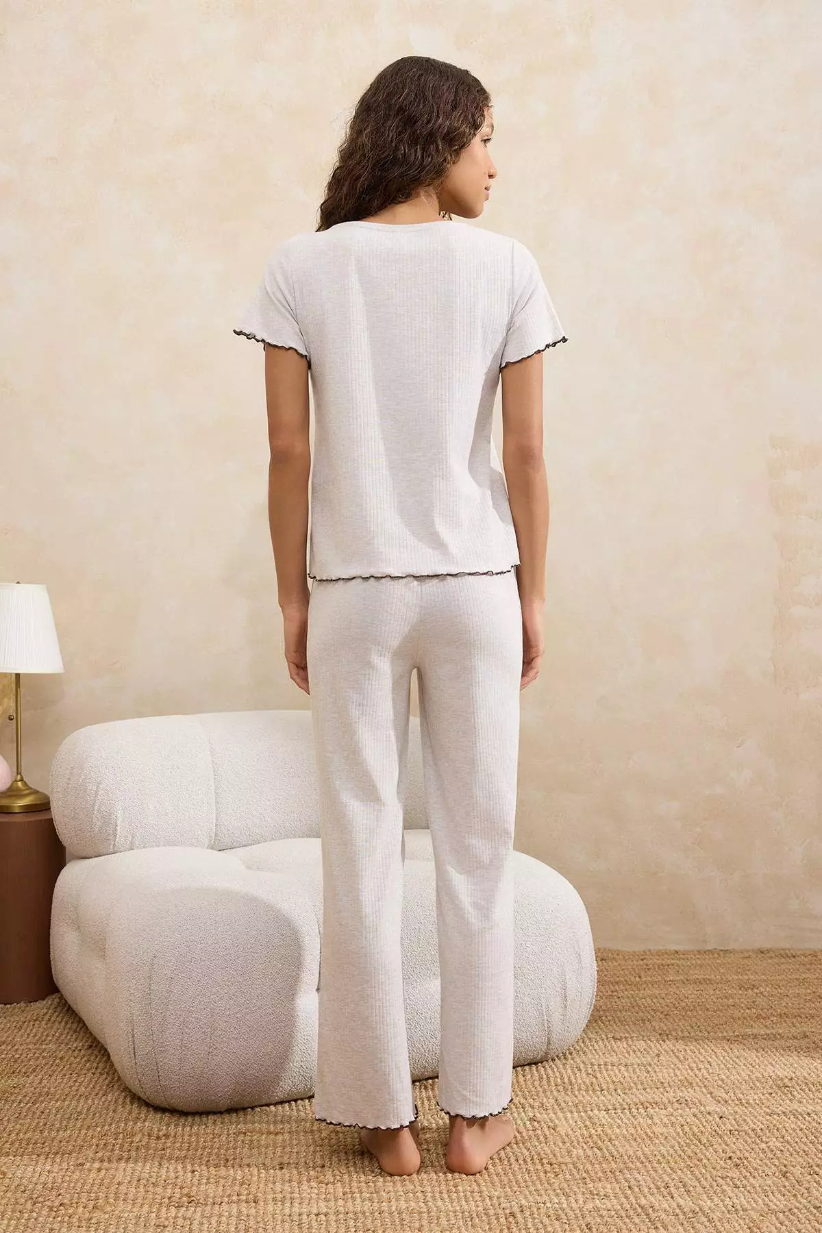 Beige Melange Baby Overlocked Corded Fabric Knitted Pajama Set Thmss26Pt57