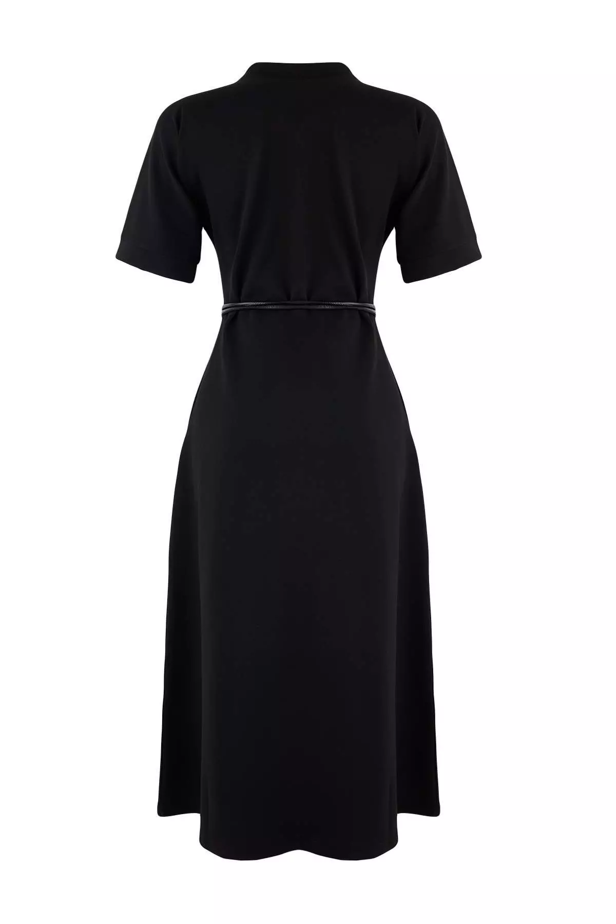 Black A-Line/Bell Form Mock Neck Short Sleeve Belted Midi Interlock Knitted Dress Twoss26El19