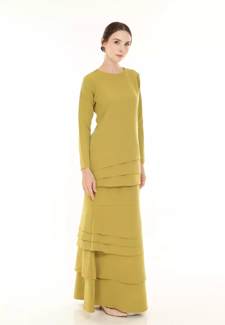 Isabella Multi Layer Kurung Modern in Leaf Gold Green