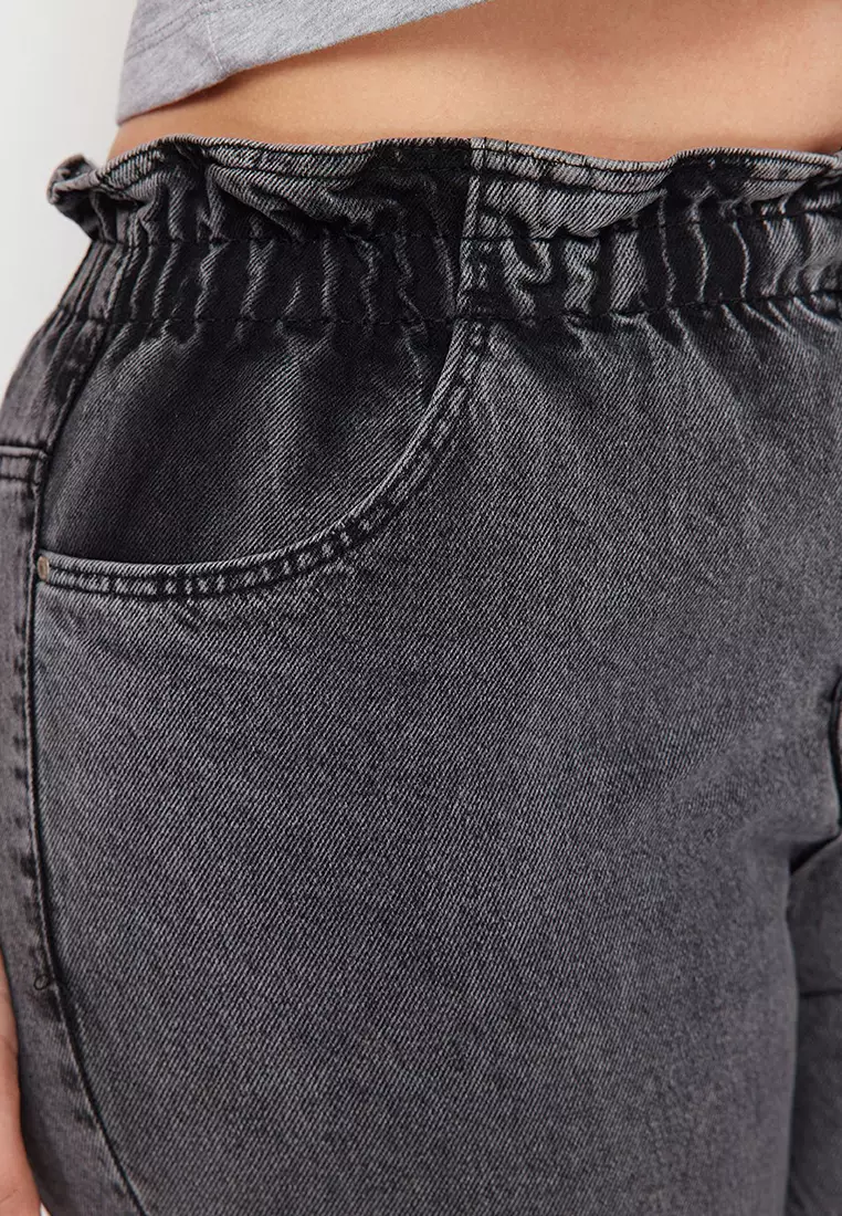 Gray High Waist Elastic Waist Mom Jeans TBBAW23JE00002