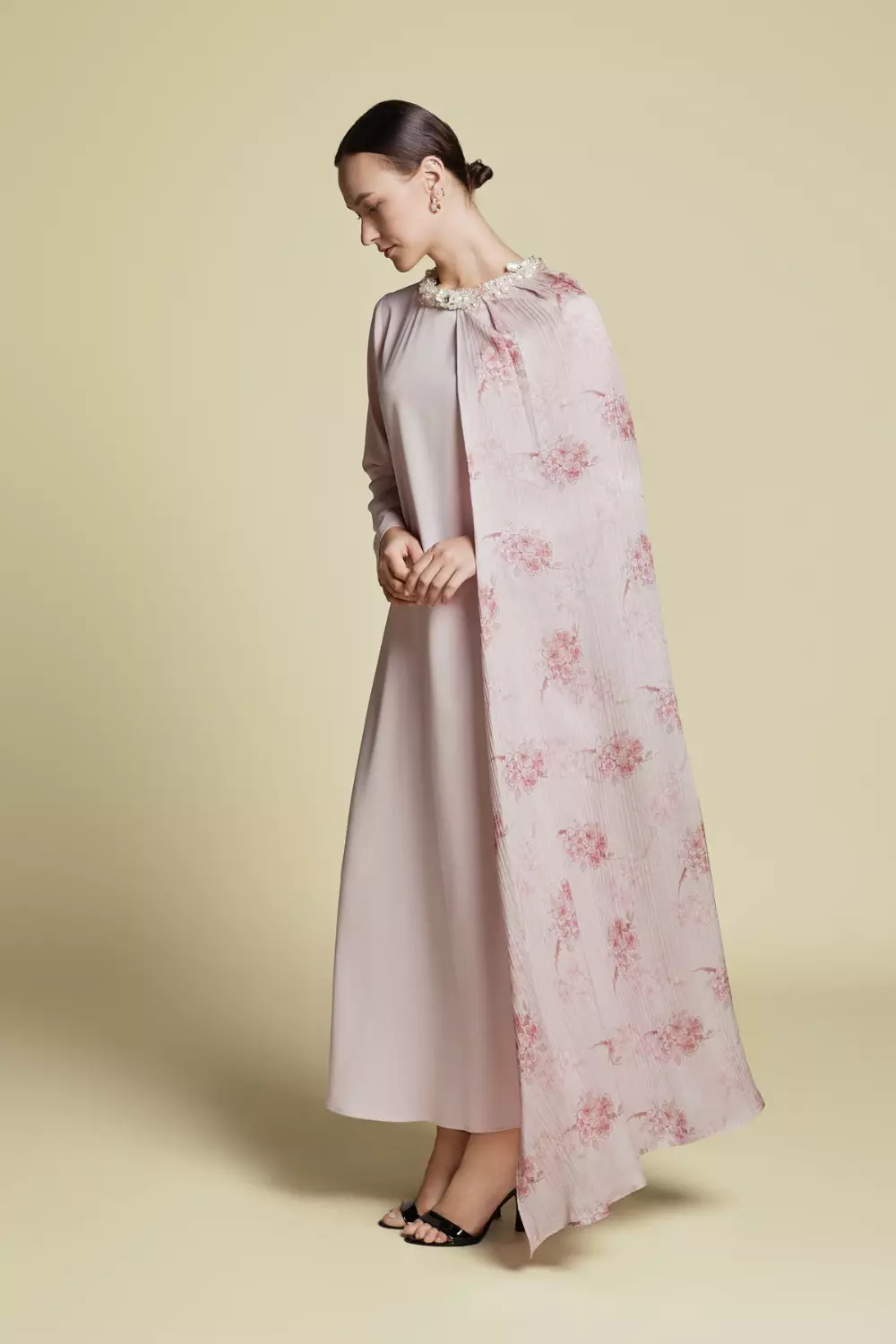 Demure Signature - Asymmetrical Side Cape Kaftan in Silk Baby Pink - Dress