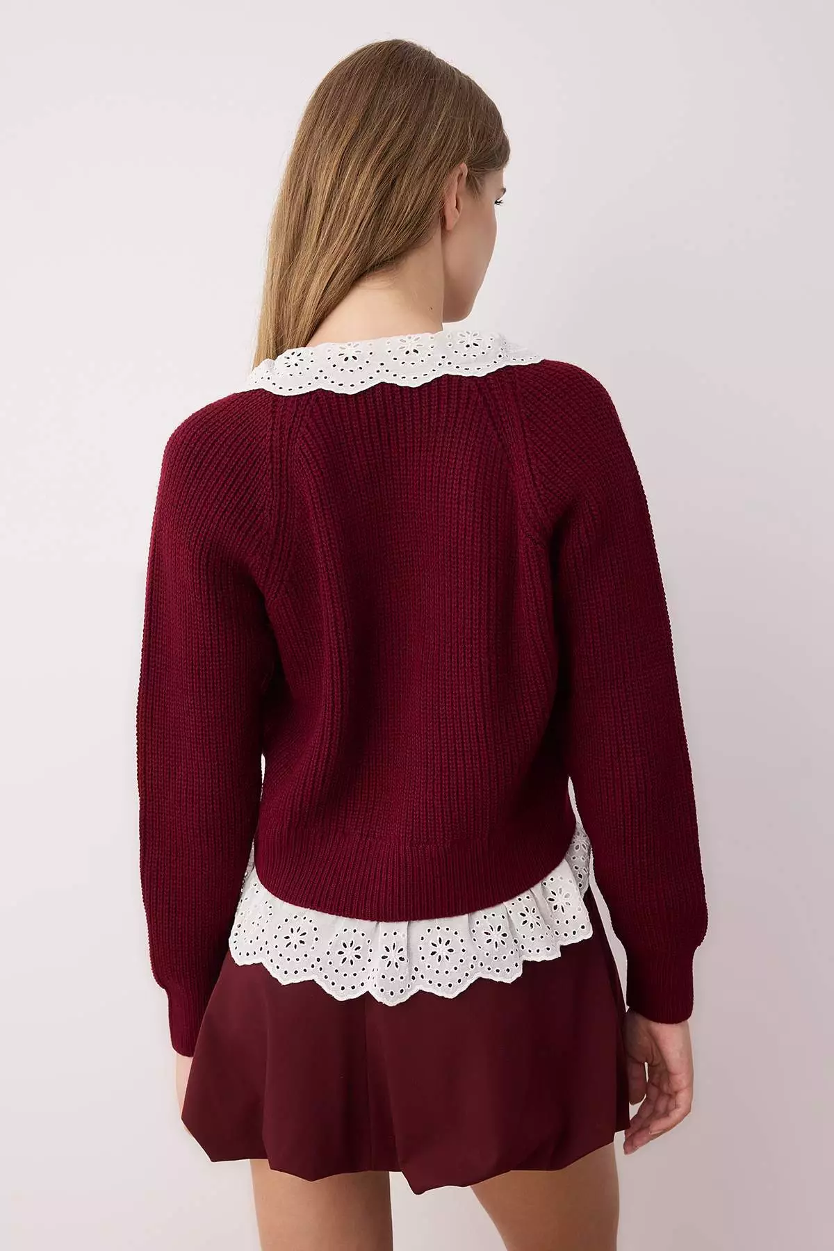 Burgundy Crop Shirt Garnish Detailed V Neck Knitwear Cardigan