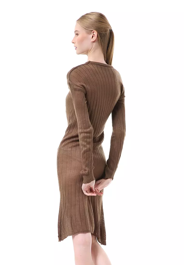 Adela Dress Rajut Tunik Wanita Motif Polos Long Sleeve Relaxed Fit - Bronze