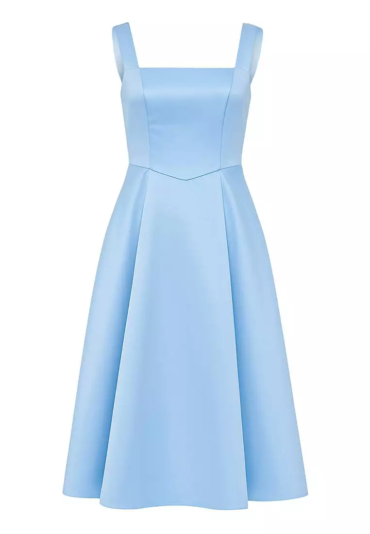Light Blue Skirt Waist Open Woven Satin Midi Unlined Homecoming/Prom Dress