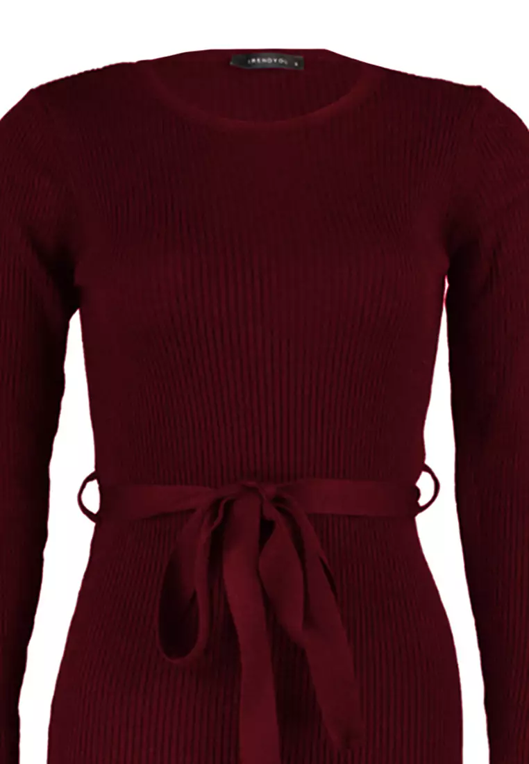 Burgundy Midi Knitwear Belt Detailed Dress