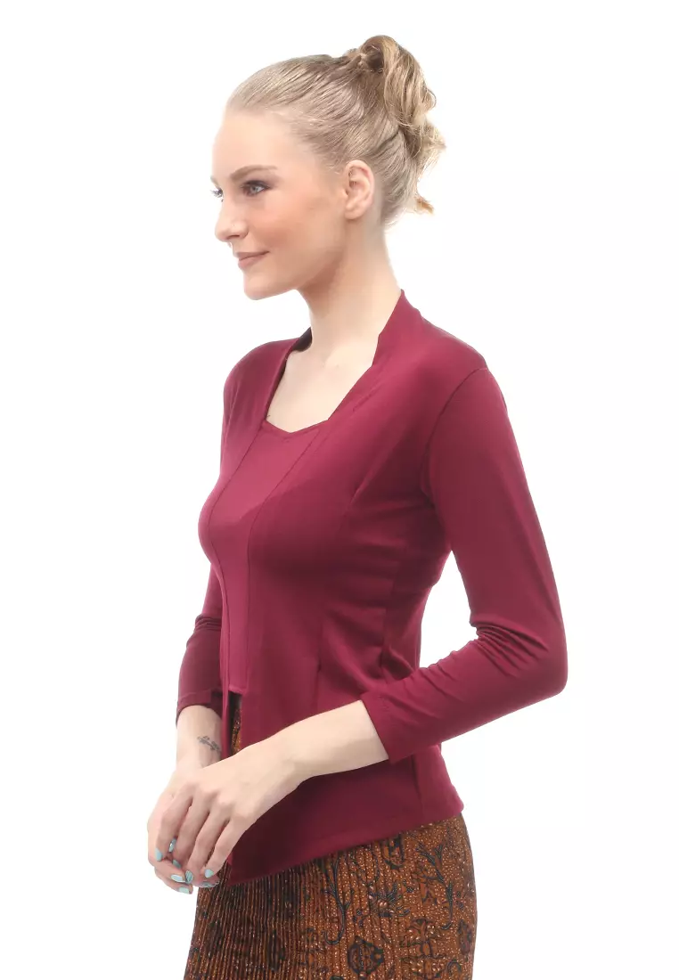 Kebaya Atasan Wanita Motif Solid Long Sleeves Slip On Style Design Casual Relaxed Fit - Maroon