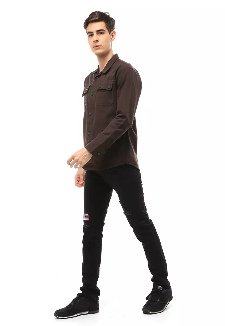 Clover Outerwear Jacket Pria Simple Design Material Canvas Suede ORIGINAL - Dark Brown