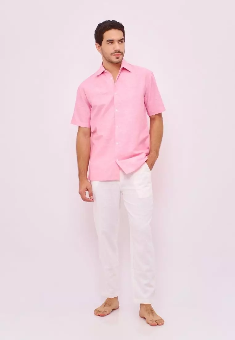 Wakiki Kemeja Linen Lengan Pendek Pria Pink | Linen Short Sleeve Shirt Men Pink