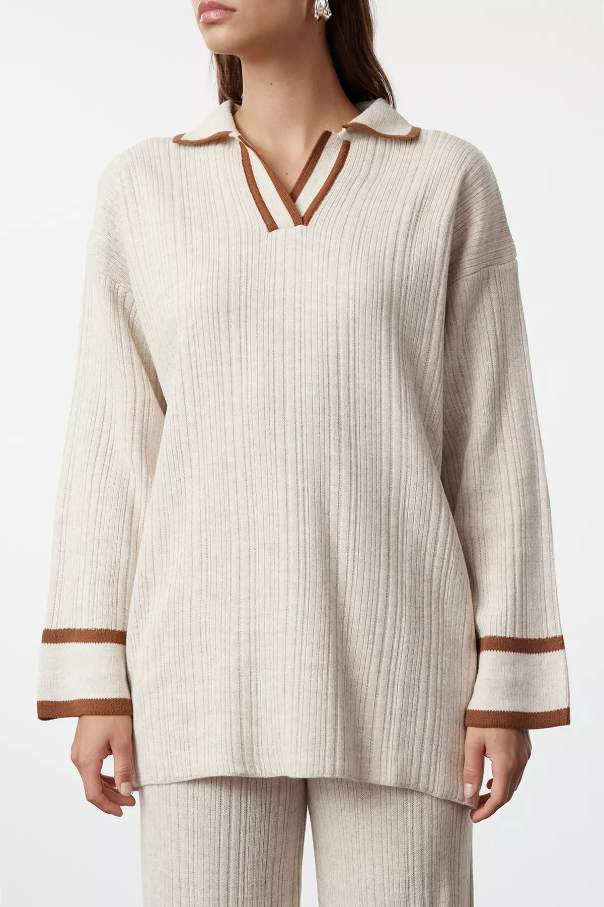 Stone Brown Piping Knitwear Sweater Trousers Bottom-Top Set TCTAW25US00015