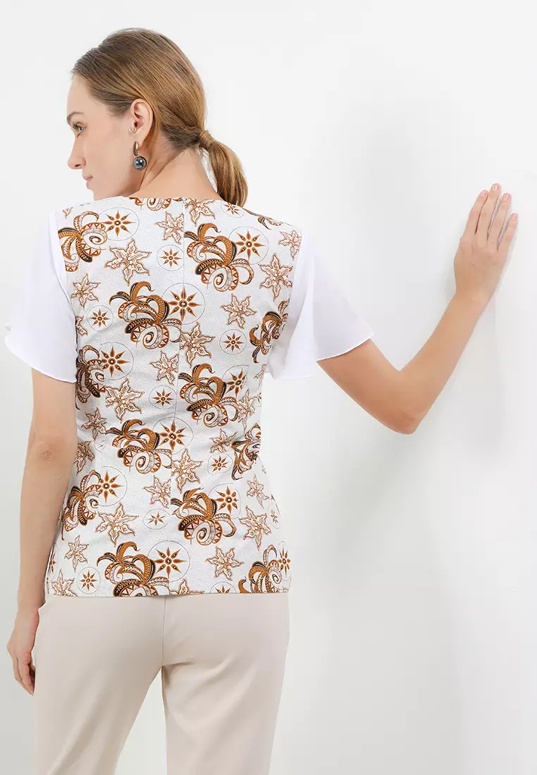 Blouse Atasan Basic Batik Wanita Mara Putih Lengan Pendek