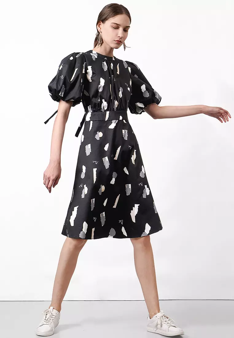 Puff Sleeve Midi Dress with Art Print
